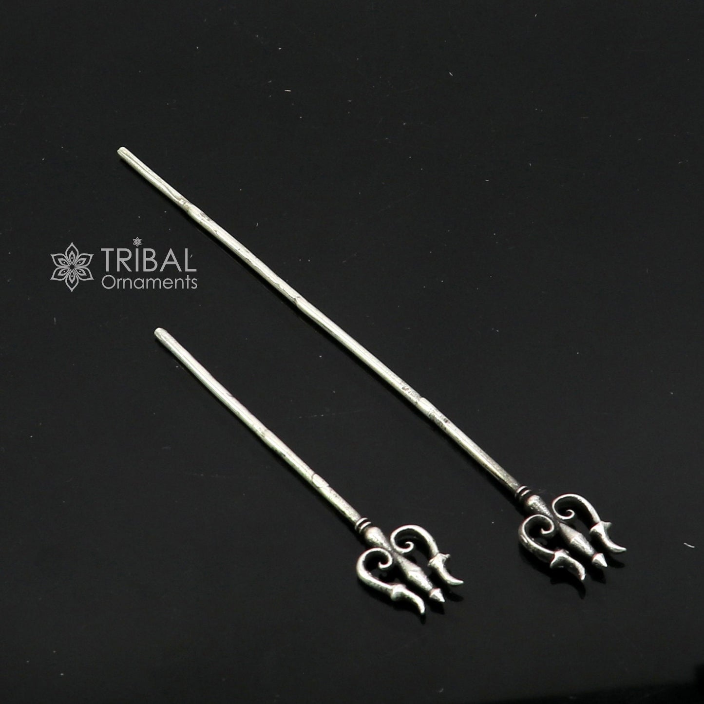 Solid 925 sterling silver Lord Shiva Trident, traditional Hindu goddess trishul puja accessory from Tribal Ornaments, India.