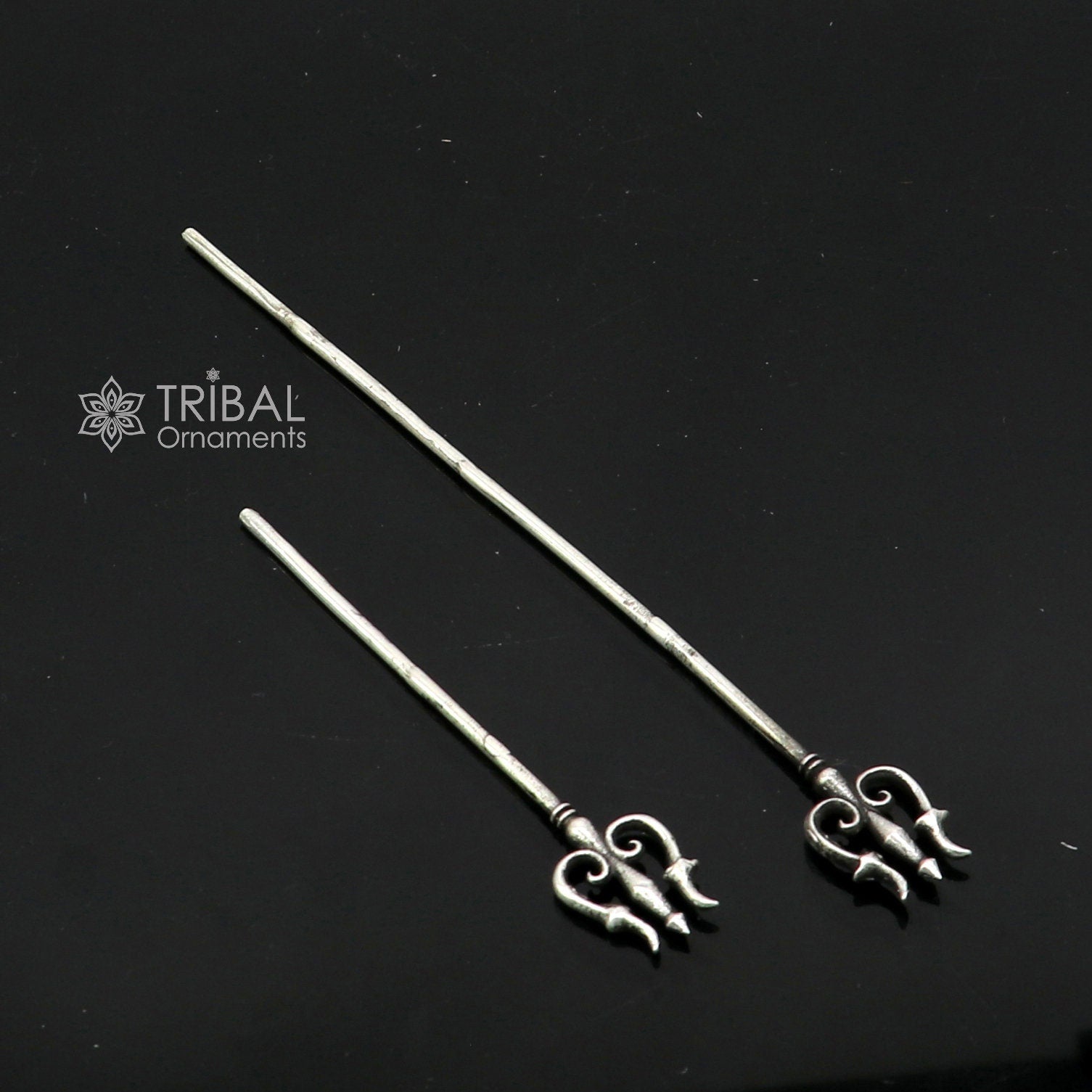 Solid 925 sterling silver Lord Shiva Trident, traditional Hindu goddess trishul puja accessory from Tribal Ornaments, India.