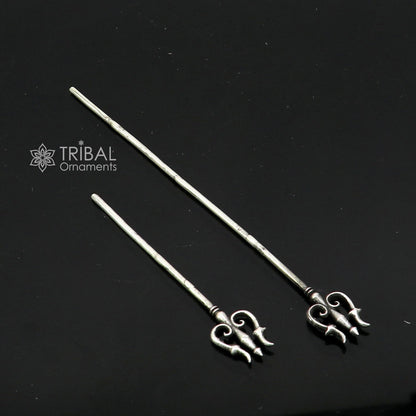 Solid 925 sterling silver Lord Shiva Trident, traditional Hindu goddess trishul puja accessory from Tribal Ornaments, India.