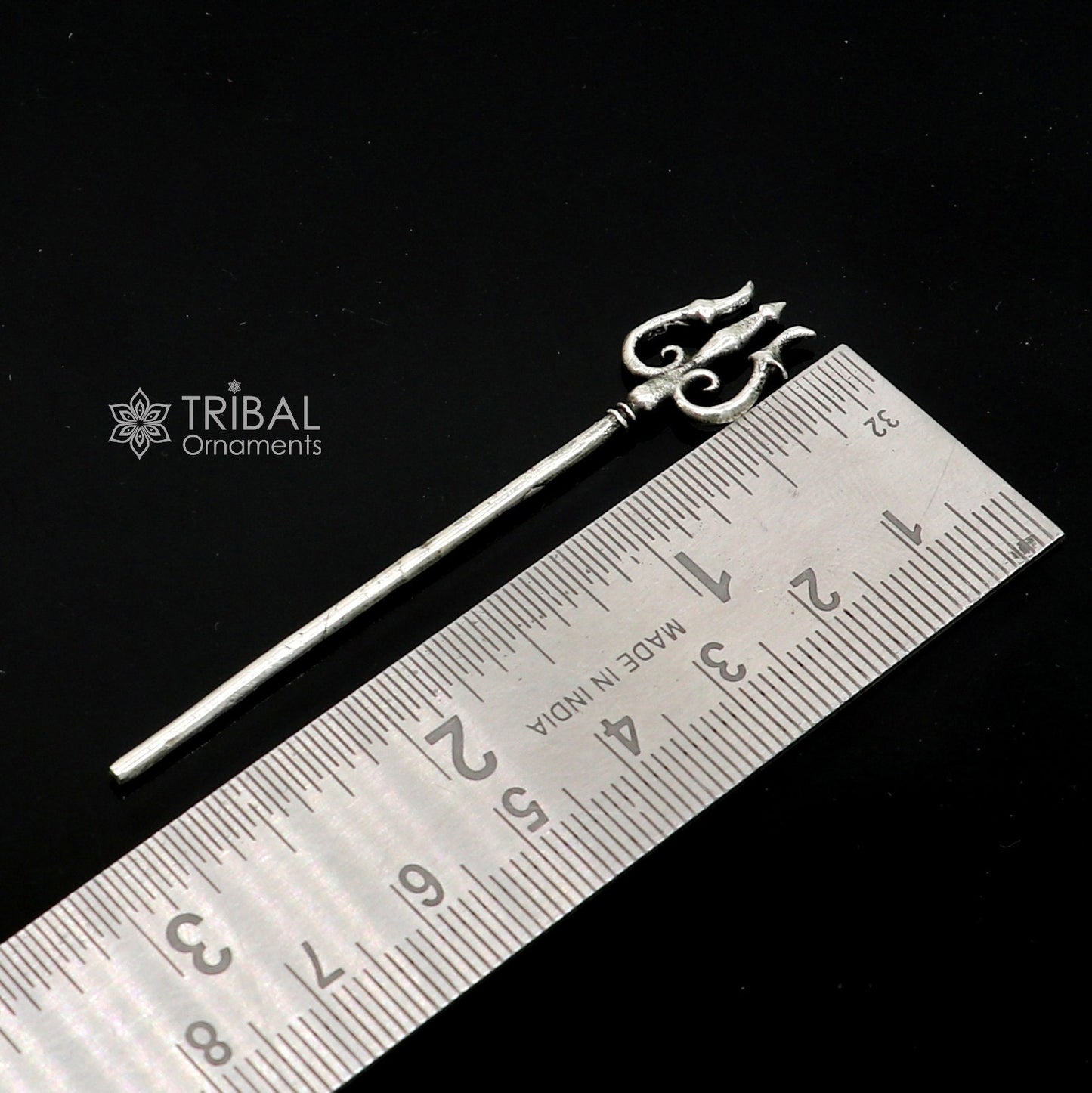 Solid 925 sterling silver Lord Shiva Trident, Hindu goddess trishul for puja, detailed divine ornament from India.