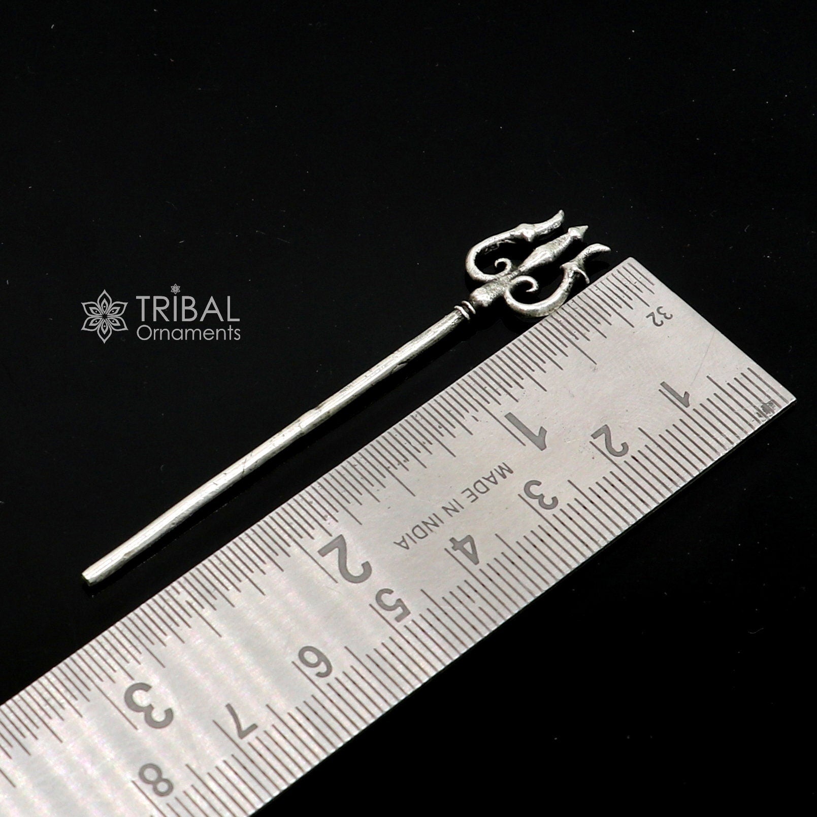 Solid 925 sterling silver Lord Shiva Trident, Hindu goddess trishul for puja, detailed divine ornament from India.