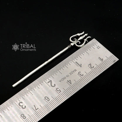 Solid 925 sterling silver Lord Shiva Trident, Hindu goddess trishul for puja, detailed divine ornament from India.