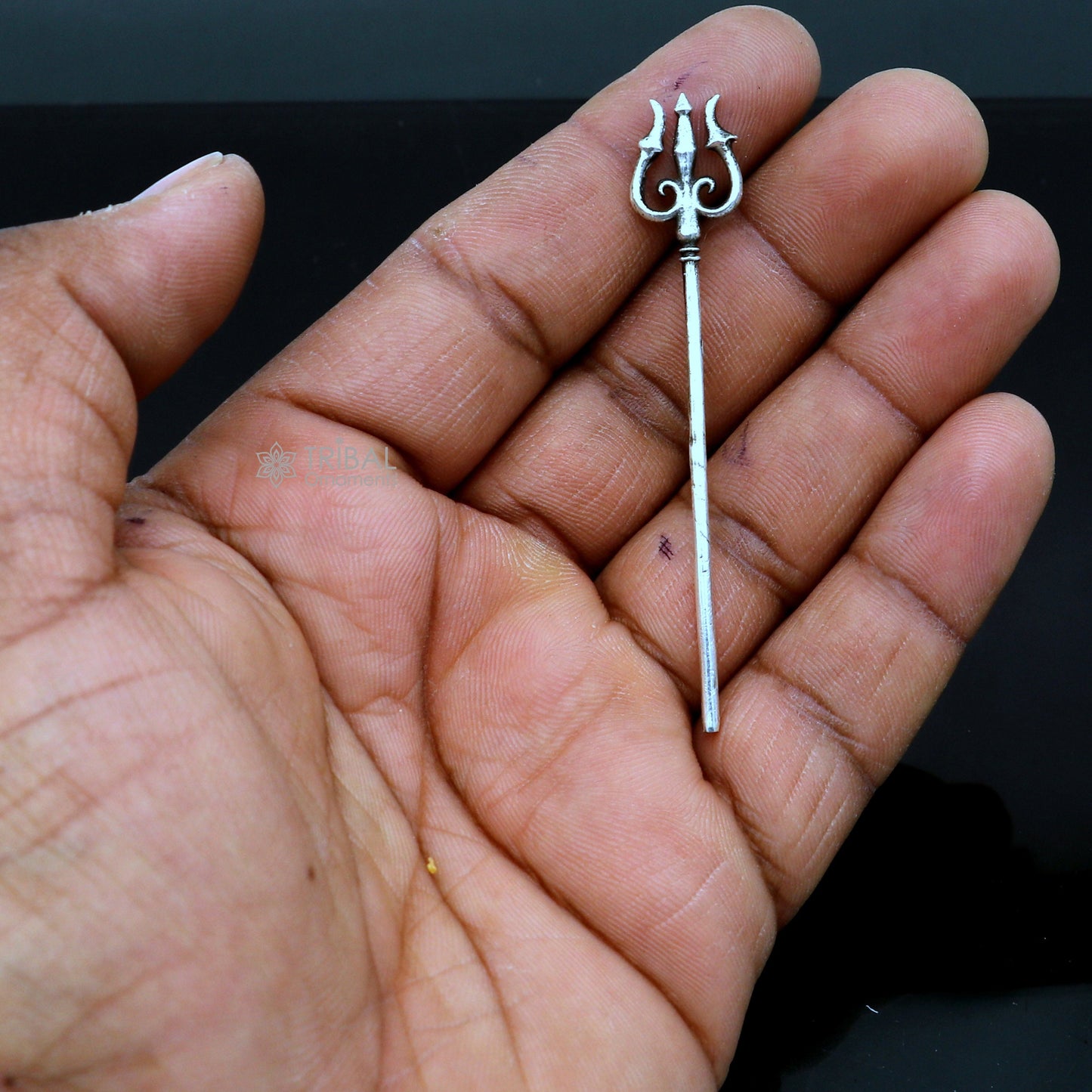 Solid 925 sterling silver Lord Shiva Trishul, Hindu goddess trident, intricate puja accessory from India, detailed craftsmanship.