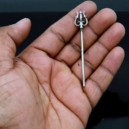 Solid 925 sterling silver Lord Shiva Trishul, Hindu goddess trident, intricate puja accessory from India, detailed craftsmanship.