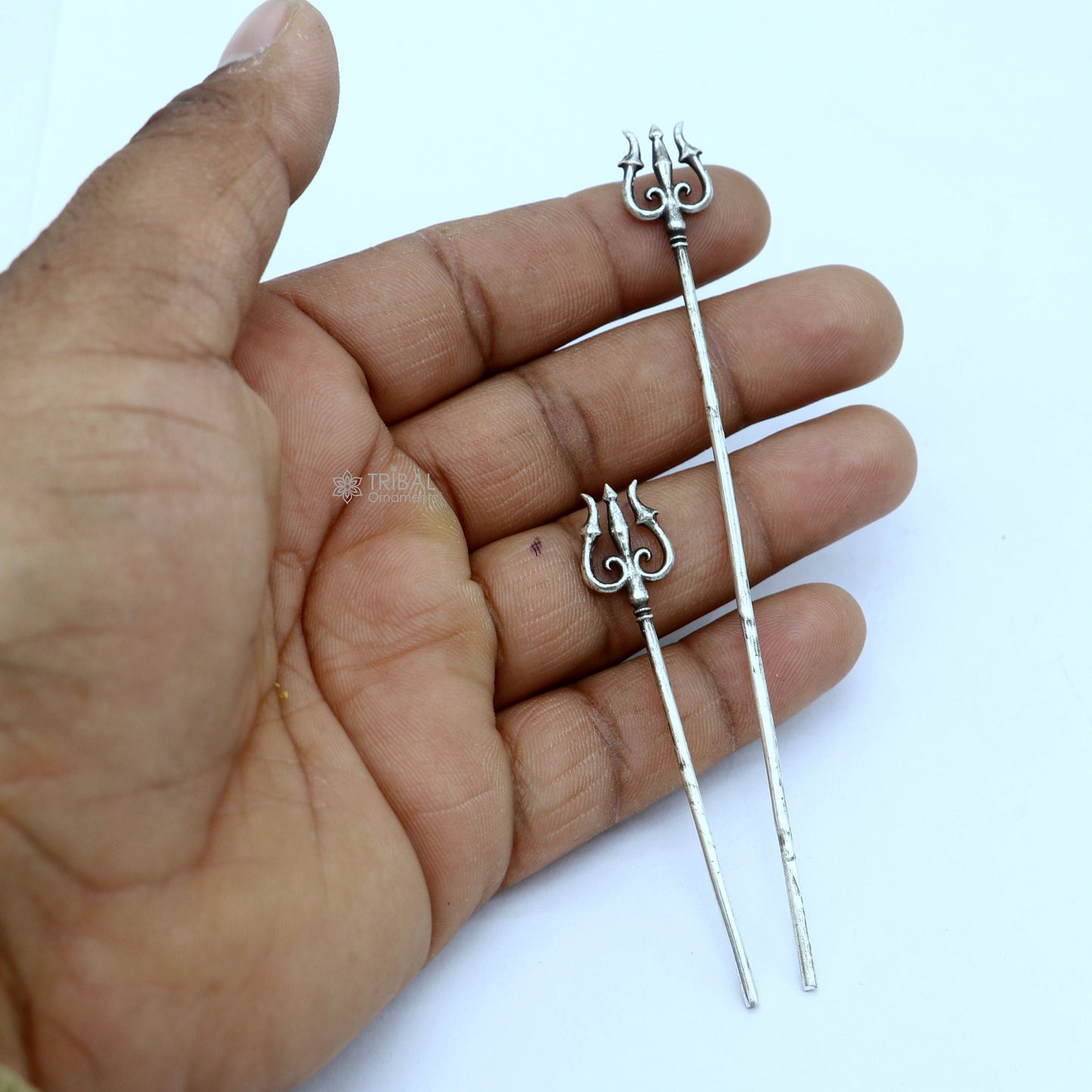 Solid 925 sterling silver Lord Shiva Trident, traditional Hindu puja accessory, featuring intricate design from Tribal Ornaments.