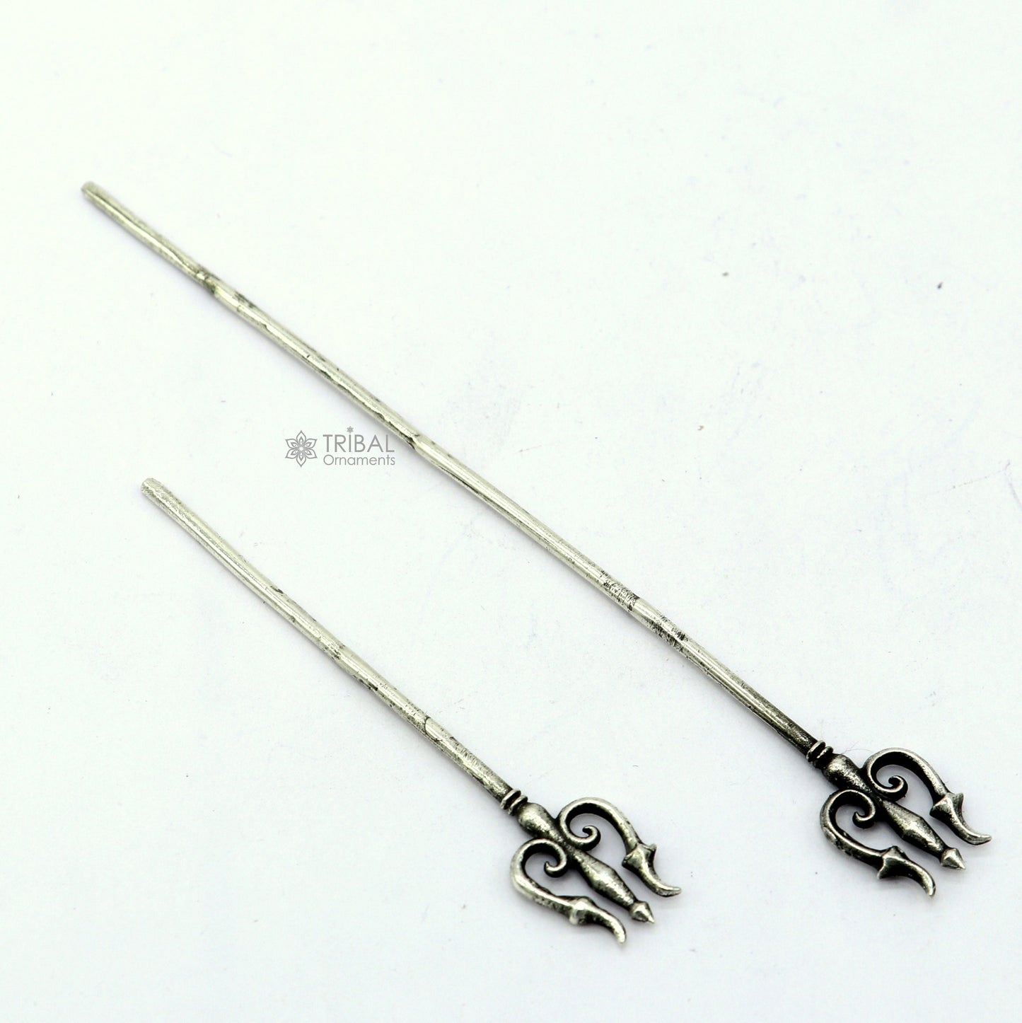 Solid 925 sterling silver Shiva Trident, divine Lord Shiva weapon, detailed goddess Trishul, traditional Indian puja accessory.