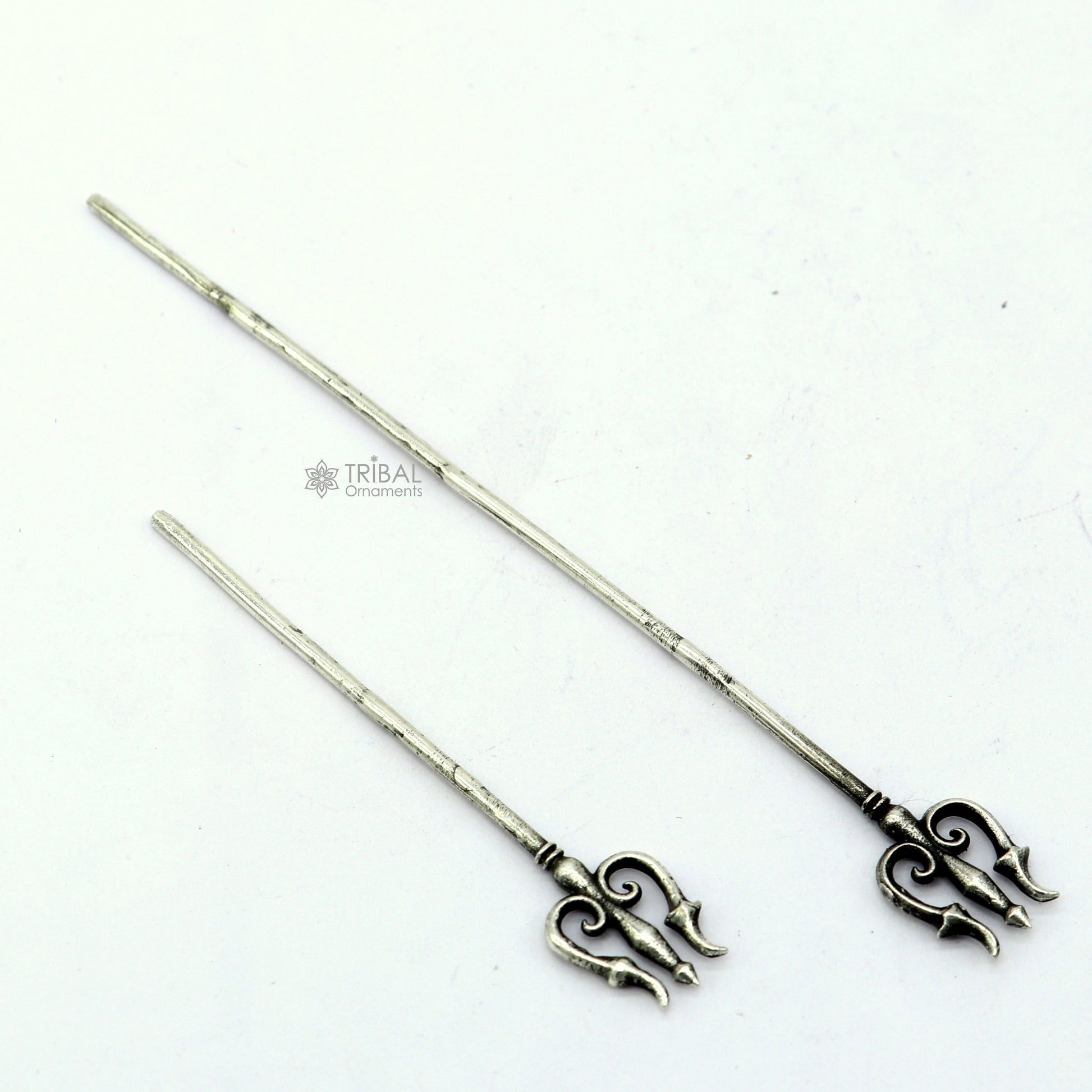 Solid 925 sterling silver Shiva Trident, divine Lord Shiva weapon, detailed goddess Trishul, traditional Indian puja accessory.