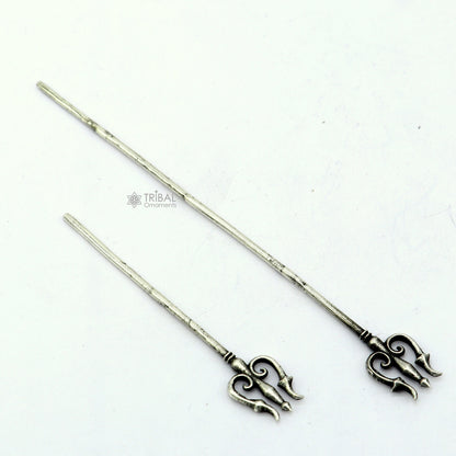 Solid 925 sterling silver Shiva Trident, divine Lord Shiva weapon, detailed goddess Trishul, traditional Indian puja accessory.