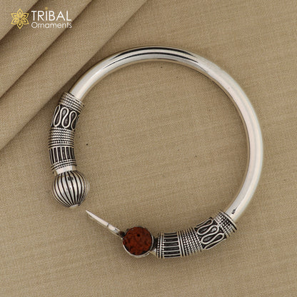 925 Sterling Silver Trishul Kada bracelet featuring Lord Shiva and Rudraksha for unisex spiritual jewelry design.
