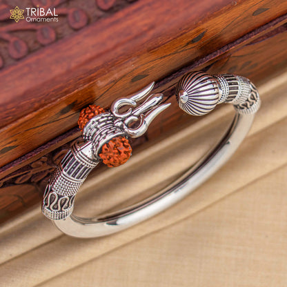925 Sterling Silver Trishul Kada bracelet with Lord Shiva design and Rudraksha, unisex spiritual jewelry by Tribal Ornaments.
