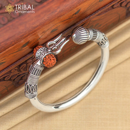 925 Sterling Silver Trishul Kada bracelet featuring Lord Shiva symbol and Rudraksha beads, unisex spiritual jewelry by Tribal Ornaments