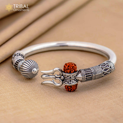 925 Sterling Silver Trishul Kada bracelet featuring Lord Shiva and Rudraksha, unisex spiritual jewelry by Tribal Ornaments.