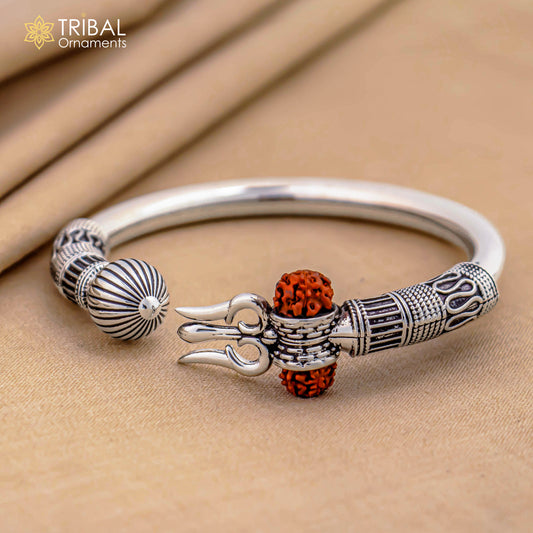 925 Sterling Silver Trishul Kada Bracelet Lord Shiva Bangle with Rudraksha Custom Unisex Spiritual Jewelry NSK764 - TRIBAL ORNAMENTS