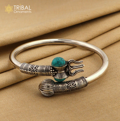 Handcrafted 925 sterling silver Lord Shiva trident bangle cuff bracelet, unisex jewelry with intricate tribal design.