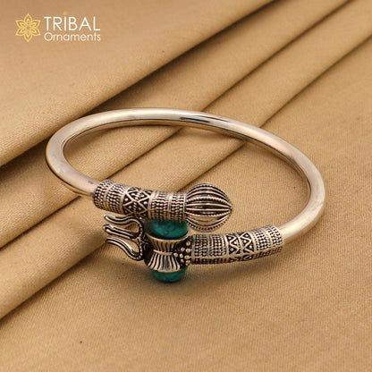 Unisex 925 sterling silver Lord Shiva trident bangle cuff bracelet with handcrafted tribal design, customized jewelry by Tribal Ornaments.