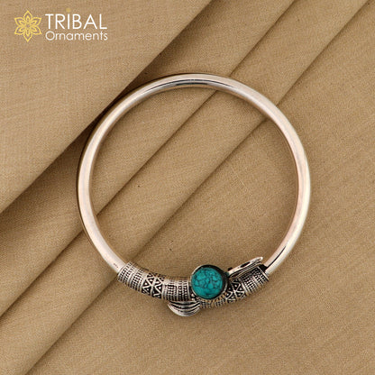 Unisex 925 sterling silver Lord Shiva trident bangle cuff bracelet with intricate handcrafted tribal design.
