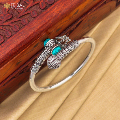 Handcrafted 925 sterling silver Lord Shiva trident bangle cuff bracelet by Tribal Ornaments, unisex customized jewelry design.
