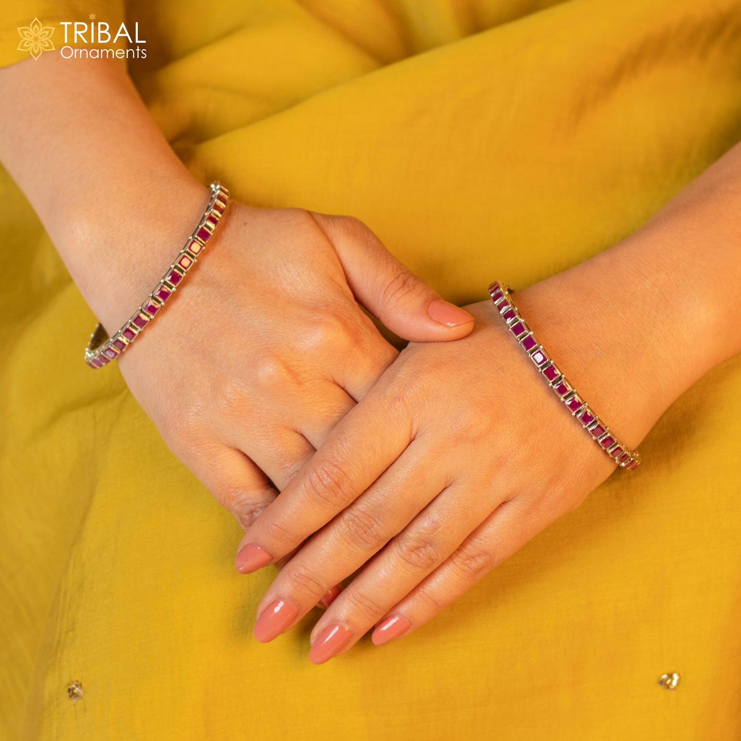 Sterling silver red cut stone bangle bracelet by Tribal Ornaments, stylish jewelry for girls and women.