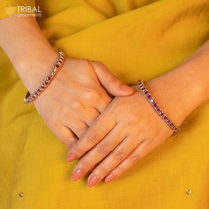 Sterling silver red cut stone bangle bracelet by Tribal Ornaments, stylish jewelry for girls and women.