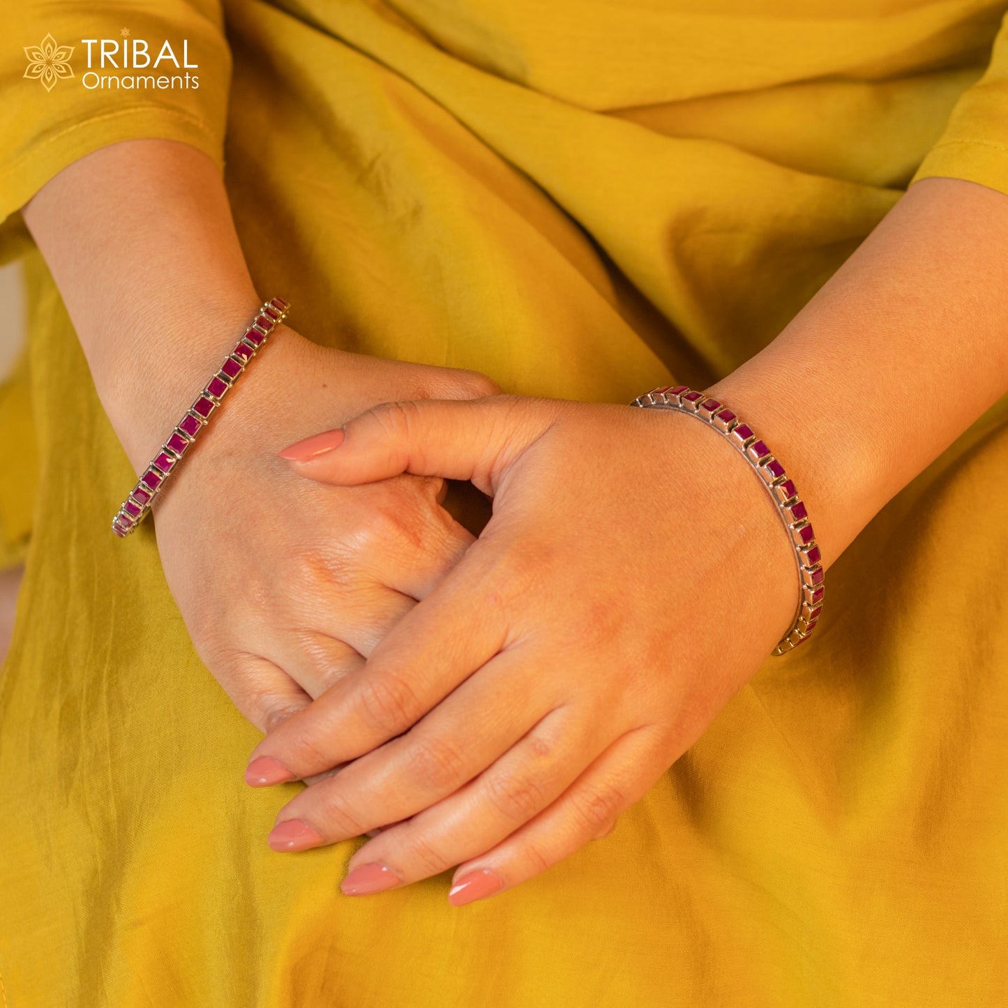 925 sterling silver bangle bracelet with a vibrant red cut stone, stylish jewelry for girls and women by TRIBAL ORNAMENTS.