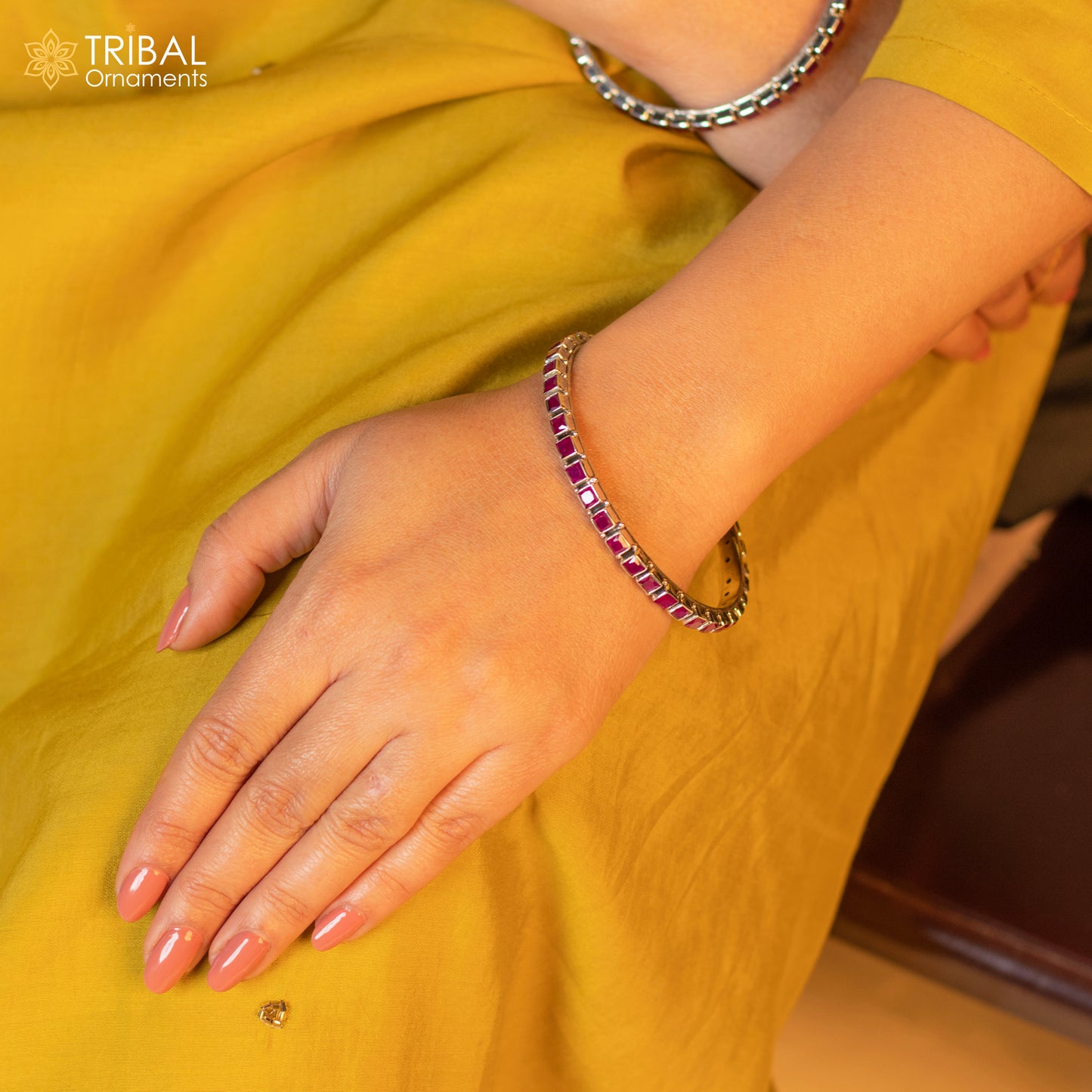 Sterling silver bangle bracelet with a vibrant red cut stone, stylish jewelry for girls and women by TRIBAL ORNAMENTS