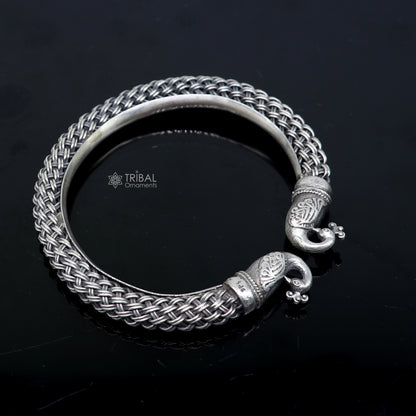 Sterling silver handmade peacock design bangle bracelet by TRIBAL ORNAMENTS, vintage and unisex, personalized hip-hop jewelry.