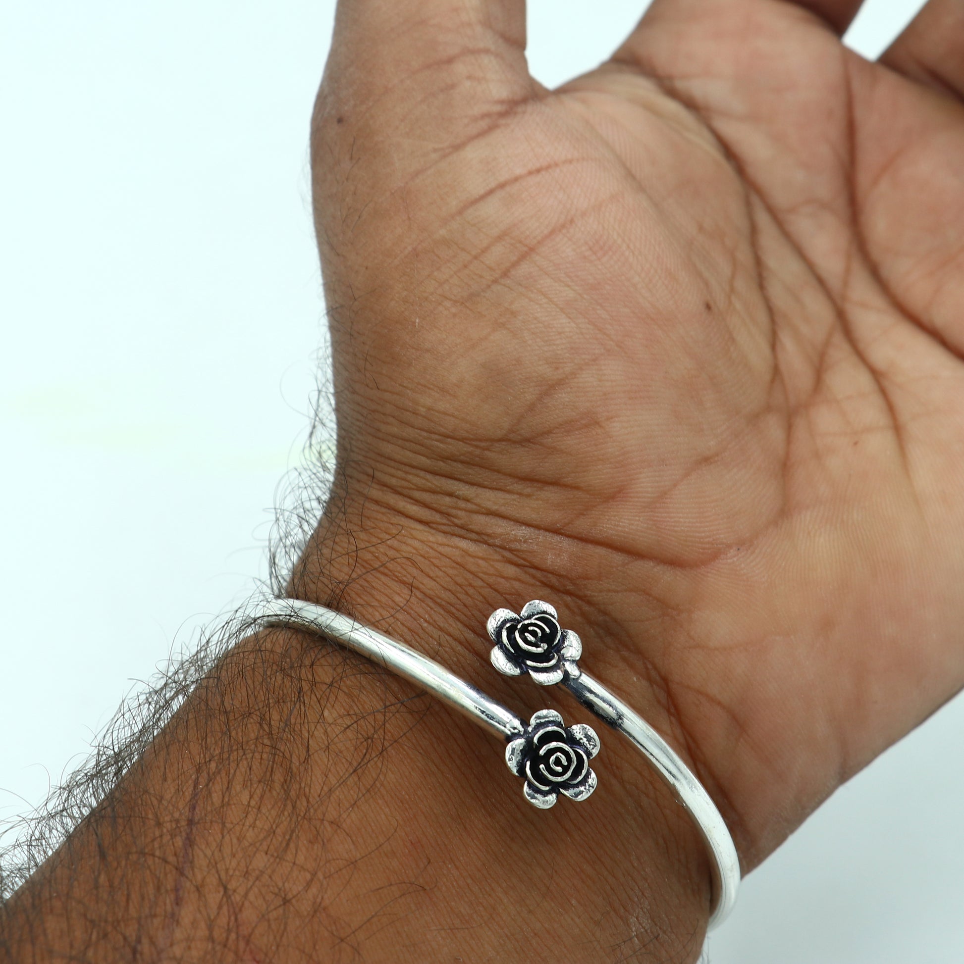 925 sterling silver handmade flower design stylish kada bangle bracelet tribal jewelry nsk885 - TRIBAL ORNAMENTS