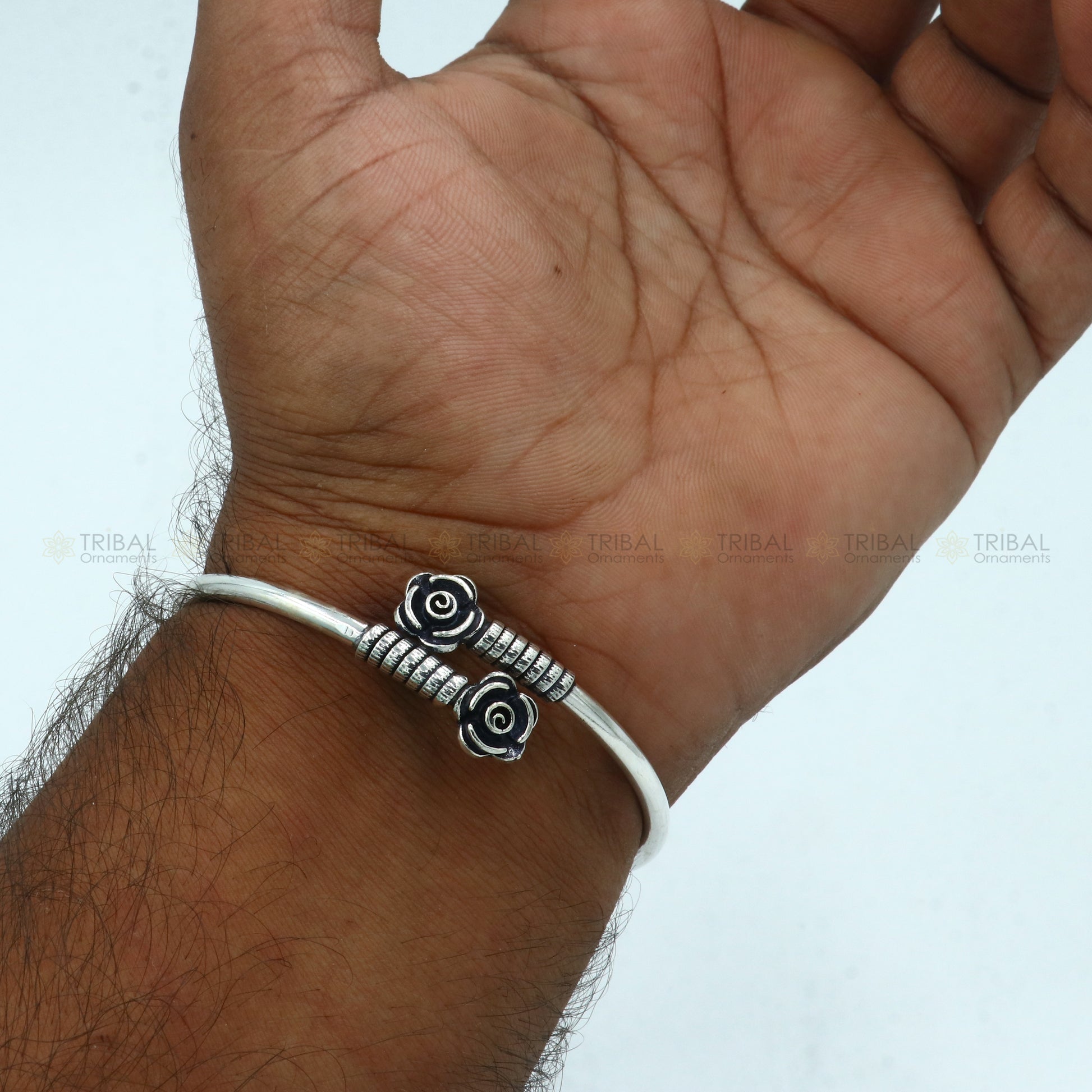 925 sterling silver handmade flower design stylish kada bangle bracelet tribal jewelry nsk863 - TRIBAL ORNAMENTS