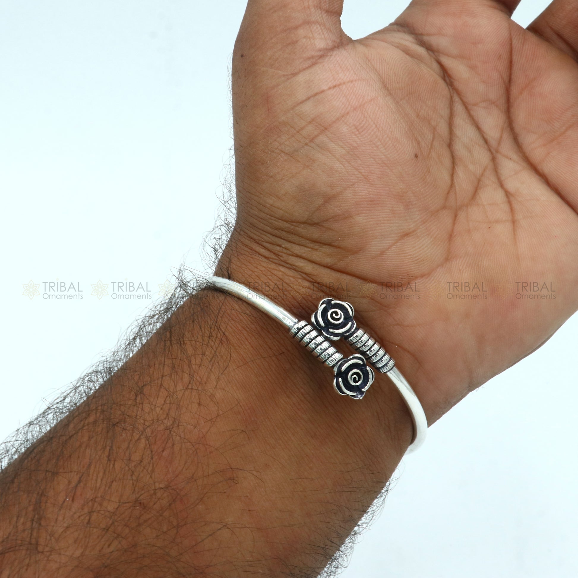 925 sterling silver handmade flower design stylish kada bangle bracelet tribal jewelry nsk863 - TRIBAL ORNAMENTS