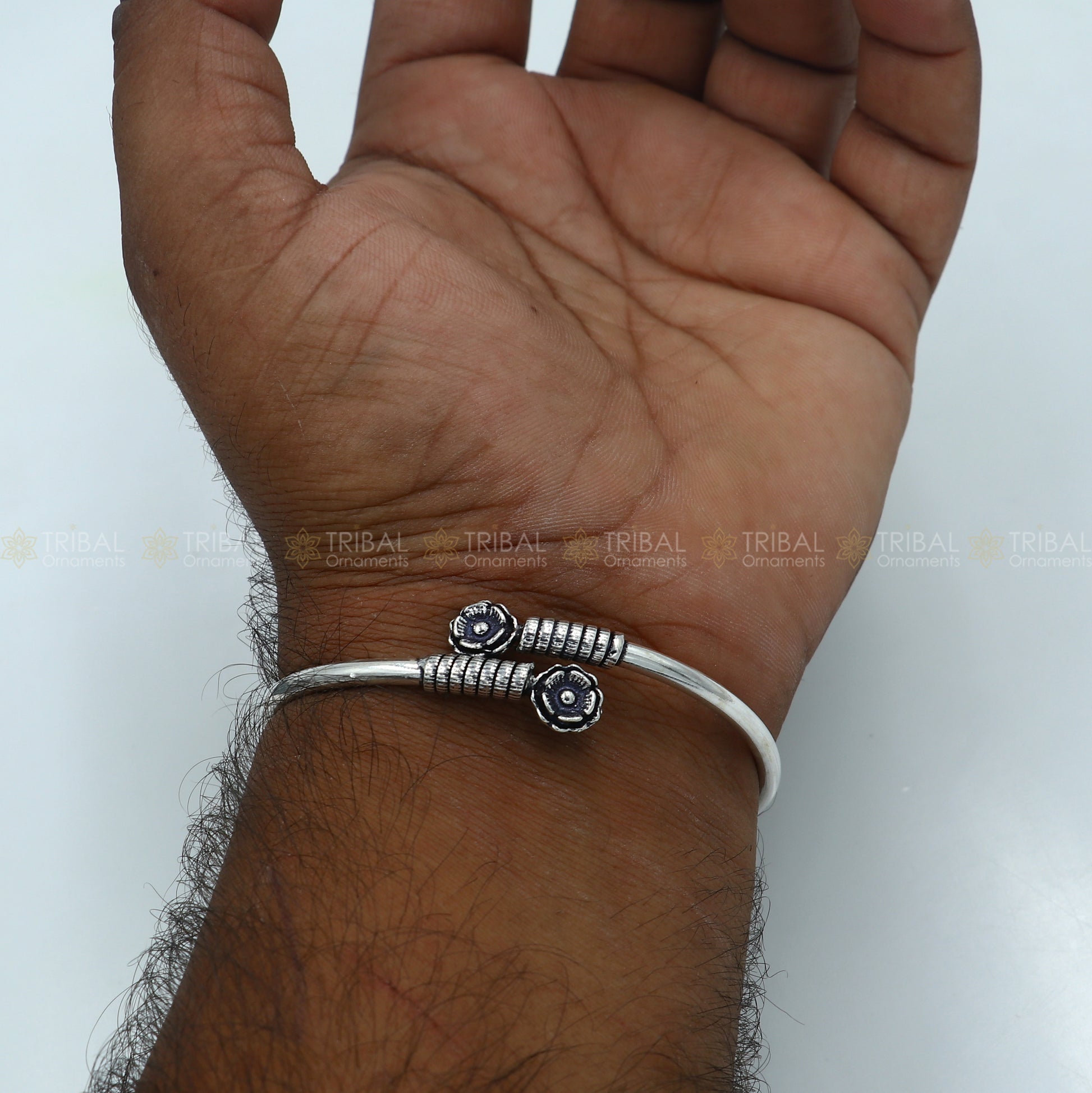925 sterling silver handmade flower design stylish kada bangle bracelet tribal jewelry nsk871 - TRIBAL ORNAMENTS