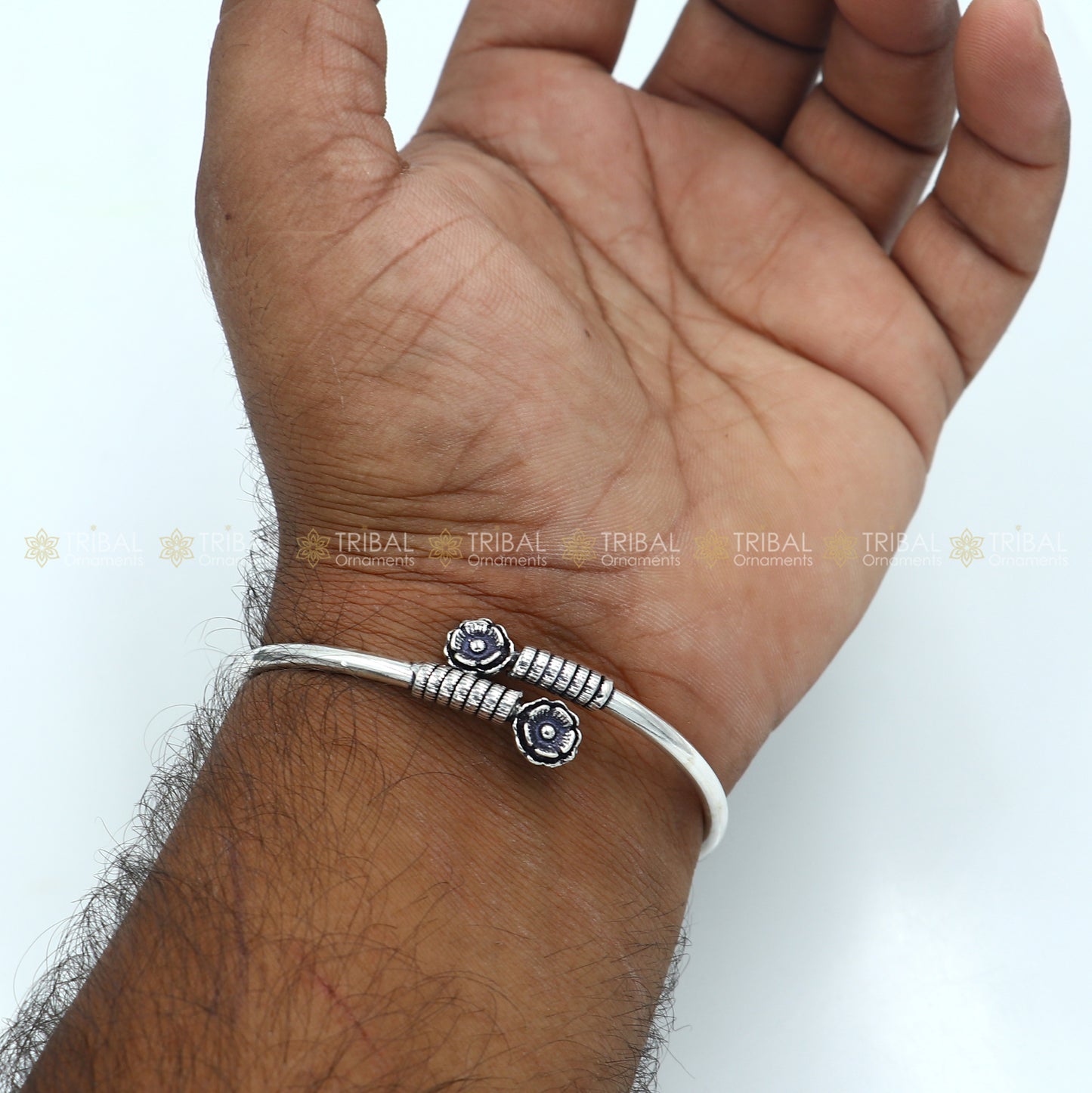 925 sterling silver handmade flower design stylish kada bangle bracelet tribal jewelry nsk871 - TRIBAL ORNAMENTS