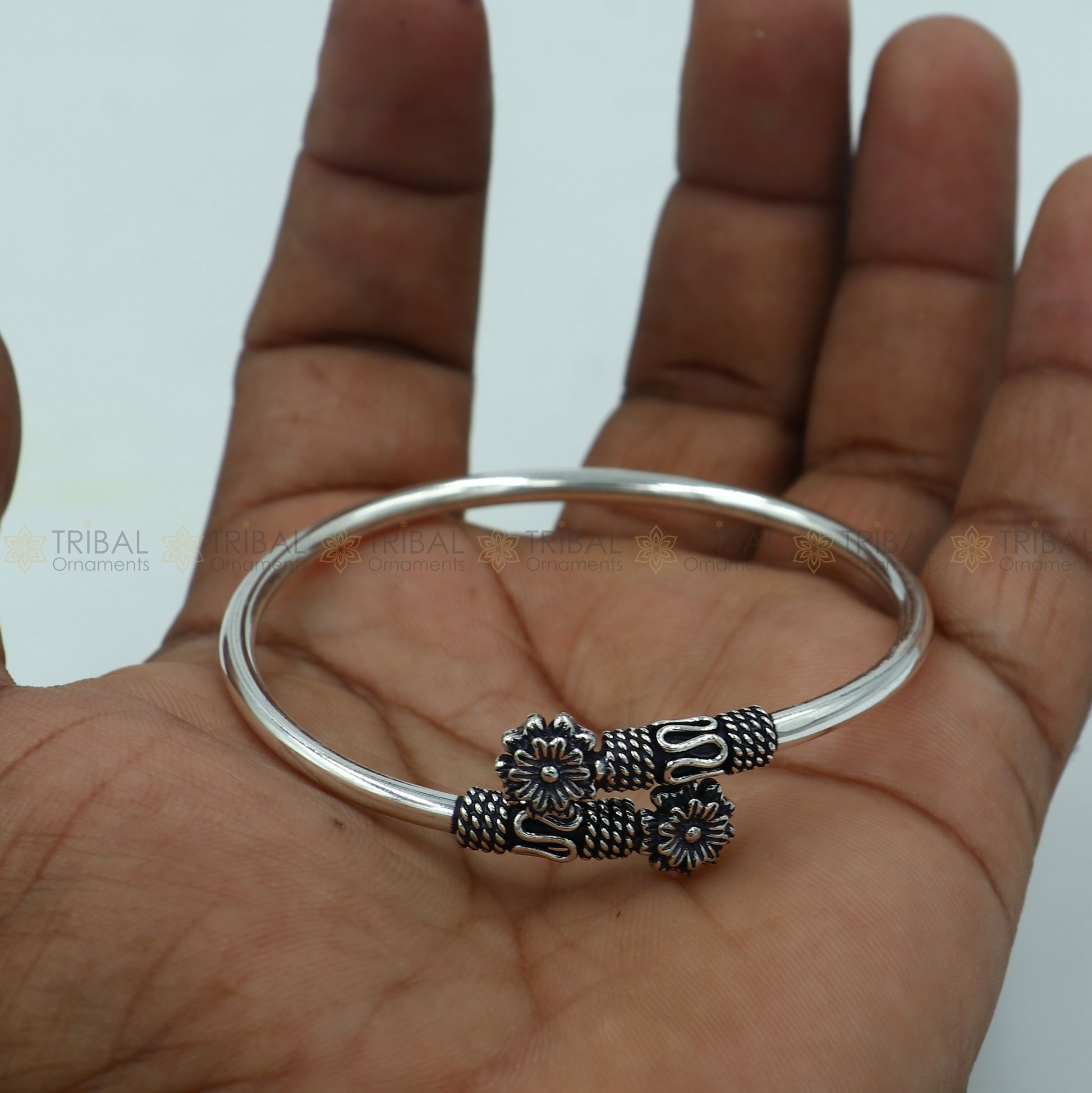 925 sterling silver handmade flower design stylish kada bangle bracelet tribal jewelry nsk881 - TRIBAL ORNAMENTS