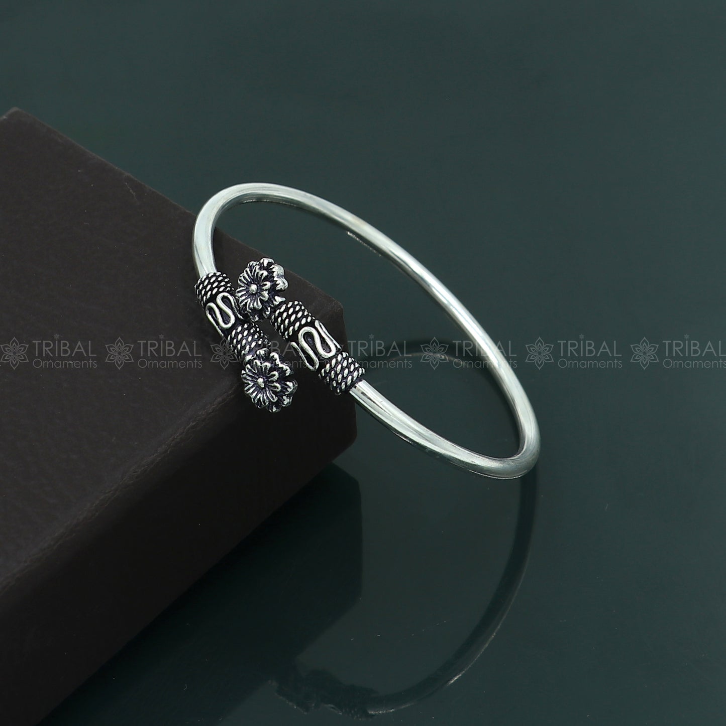 925 sterling silver handmade flower design stylish kada bangle bracelet tribal jewelry nsk881 - TRIBAL ORNAMENTS