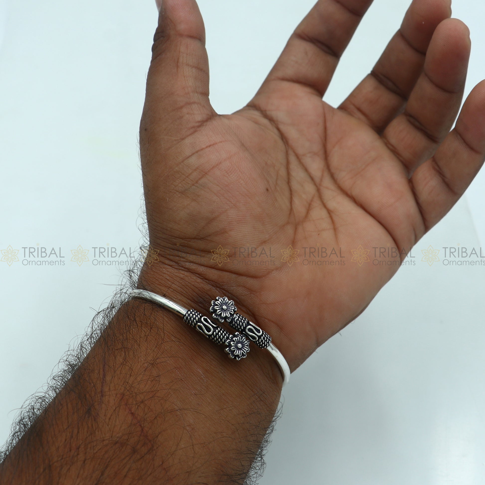 925 sterling silver handmade flower design stylish kada bangle bracelet tribal jewelry nsk881 - TRIBAL ORNAMENTS