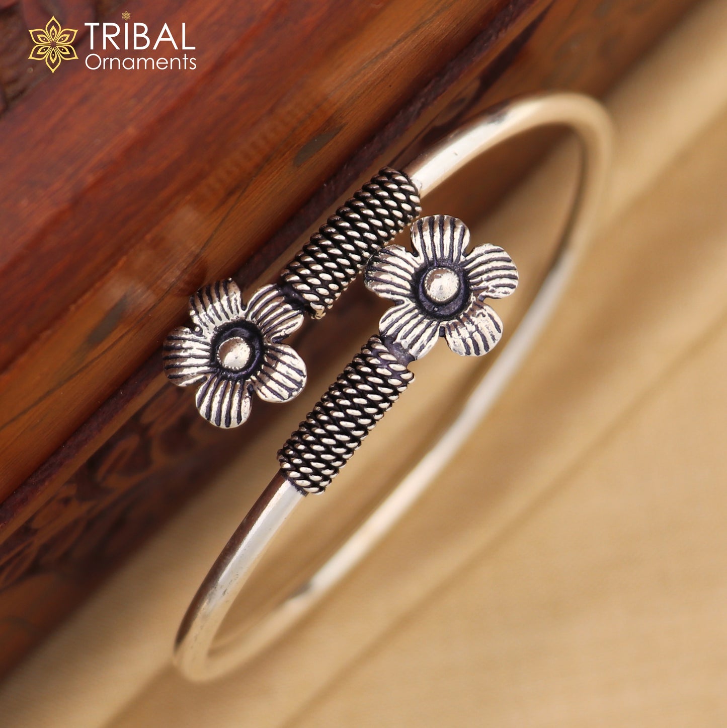 925 sterling silver handmade flower design stylish kada bangle bracelet tribal jewelry nsk883 - TRIBAL ORNAMENTS