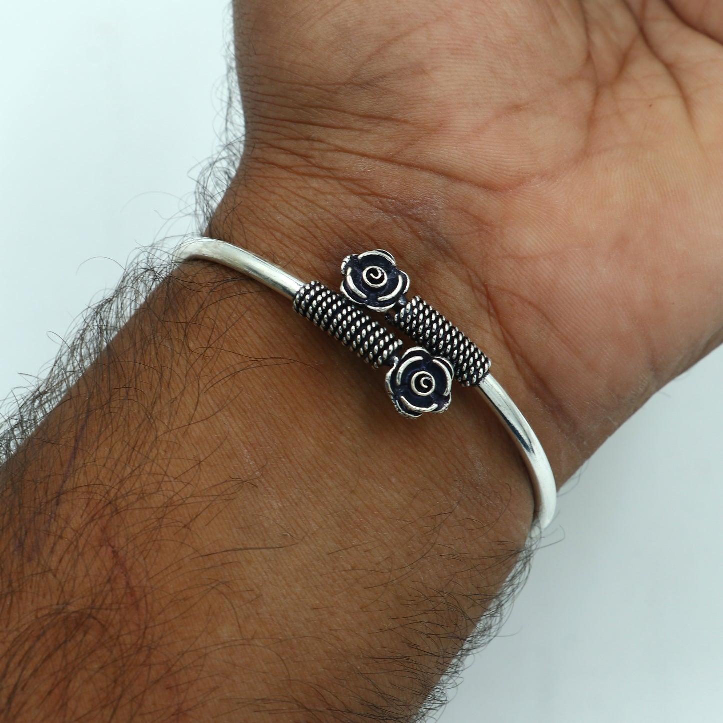 925 sterling silver handmade flower design stylish kada bangle bracelet tribal jewelry nsk886 - TRIBAL ORNAMENTS