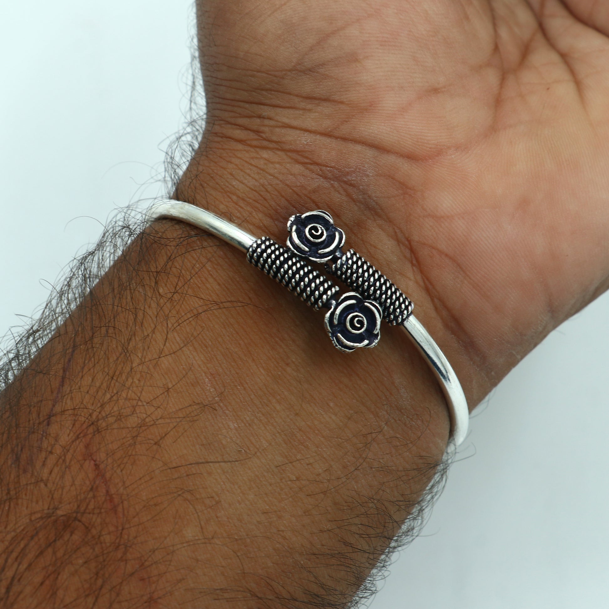 925 sterling silver handmade flower design stylish kada bangle bracelet tribal jewelry nsk886 - TRIBAL ORNAMENTS