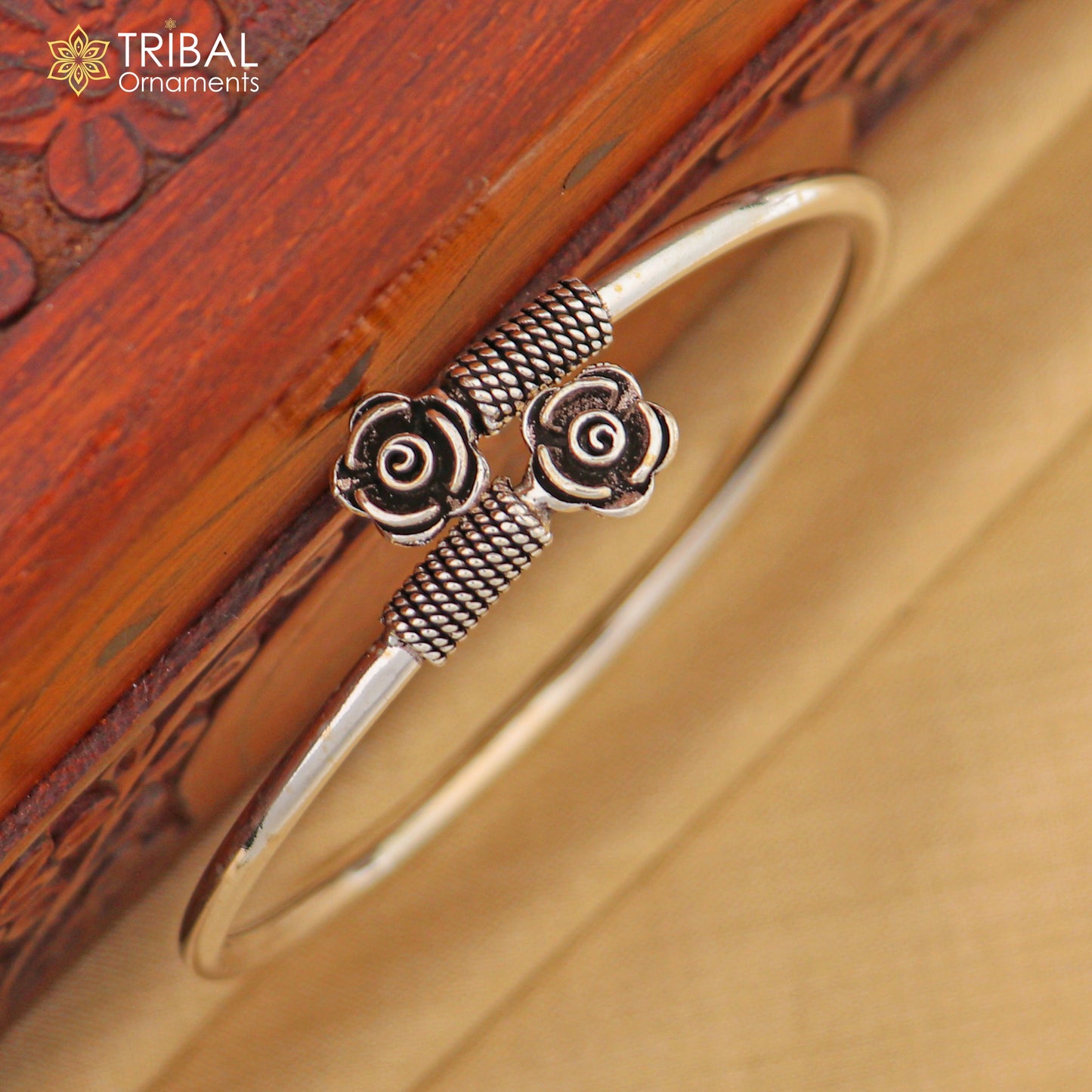 925 sterling silver handmade flower design stylish kada bangle bracelet tribal jewelry nsk886 - TRIBAL ORNAMENTS