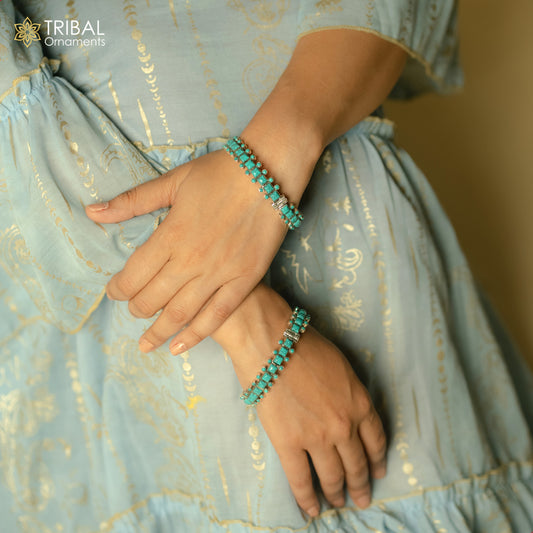 925 sterling silver Stylish bangle bracelet kada turquoise stone wedding gifting jewelry nsk884 - TRIBAL ORNAMENTS