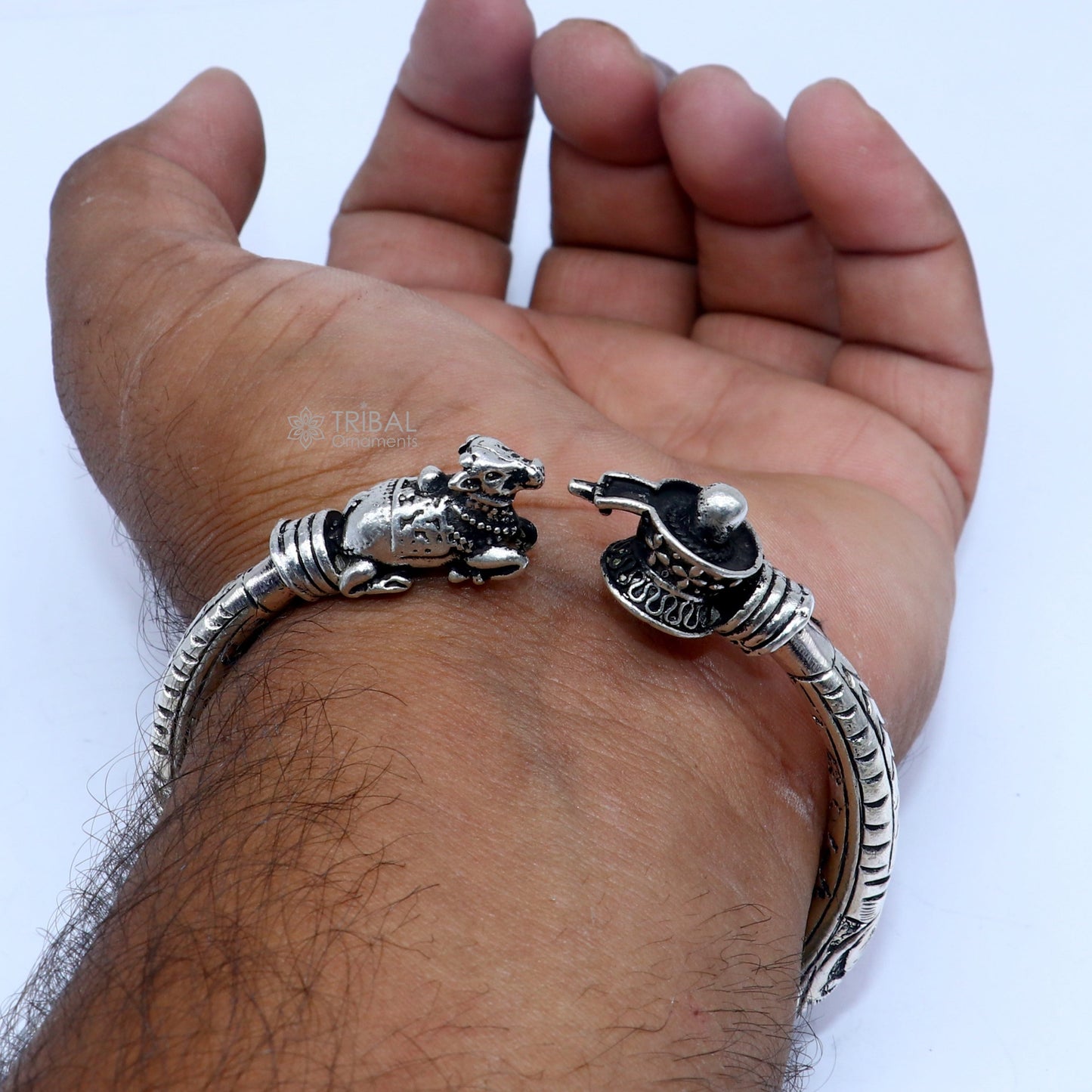 Lord Shiva lingam With Nandi maharaj design 925 sterling silver handmade bangle bracelet kada nsk844 - TRIBAL ORNAMENTS