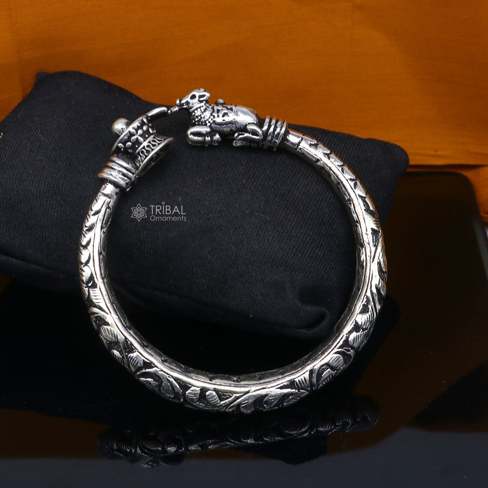 Lord Shiva lingam With Nandi maharaj design 925 sterling silver handmade bangle bracelet kada nsk844 - TRIBAL ORNAMENTS