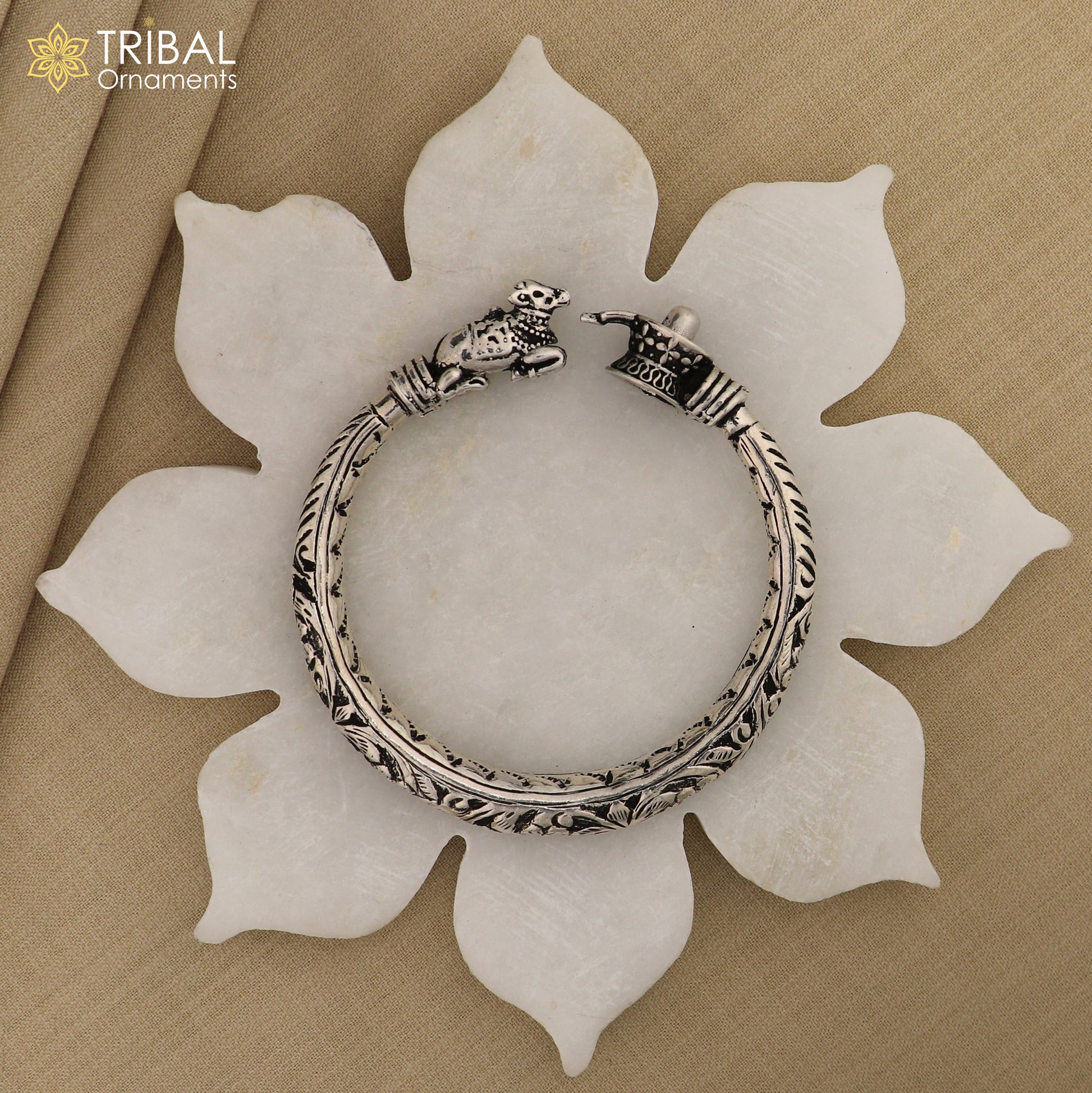 Lord Shiva lingam With Nandi maharaj design 925 sterling silver handmade bangle bracelet kada nsk844 - TRIBAL ORNAMENTS