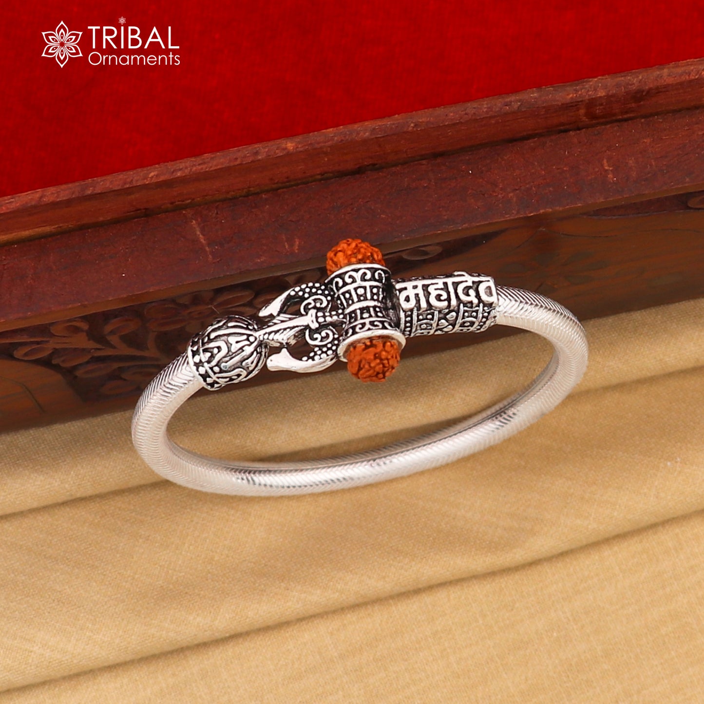 925 Sterling silver shiva trishul and Mahadev rudraksha bangle bracelet kada tribal jewelry nsk932 - TRIBAL ORNAMENTS