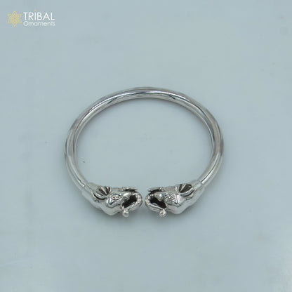 925 sterling silver handmade elephant design bangle bracelet by TRIBAL ORNAMENTS, featuring a plain smooth finish and traditional charm.
