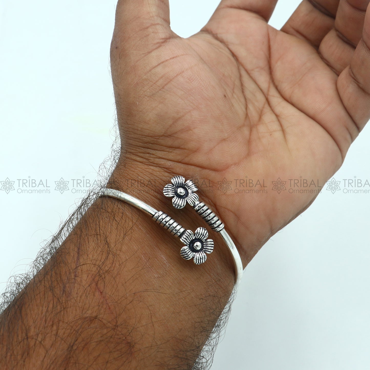 925 sterling silver handmade flower design stylish kada bangle bracelet tribal jewelry nsk868 - TRIBAL ORNAMENTS