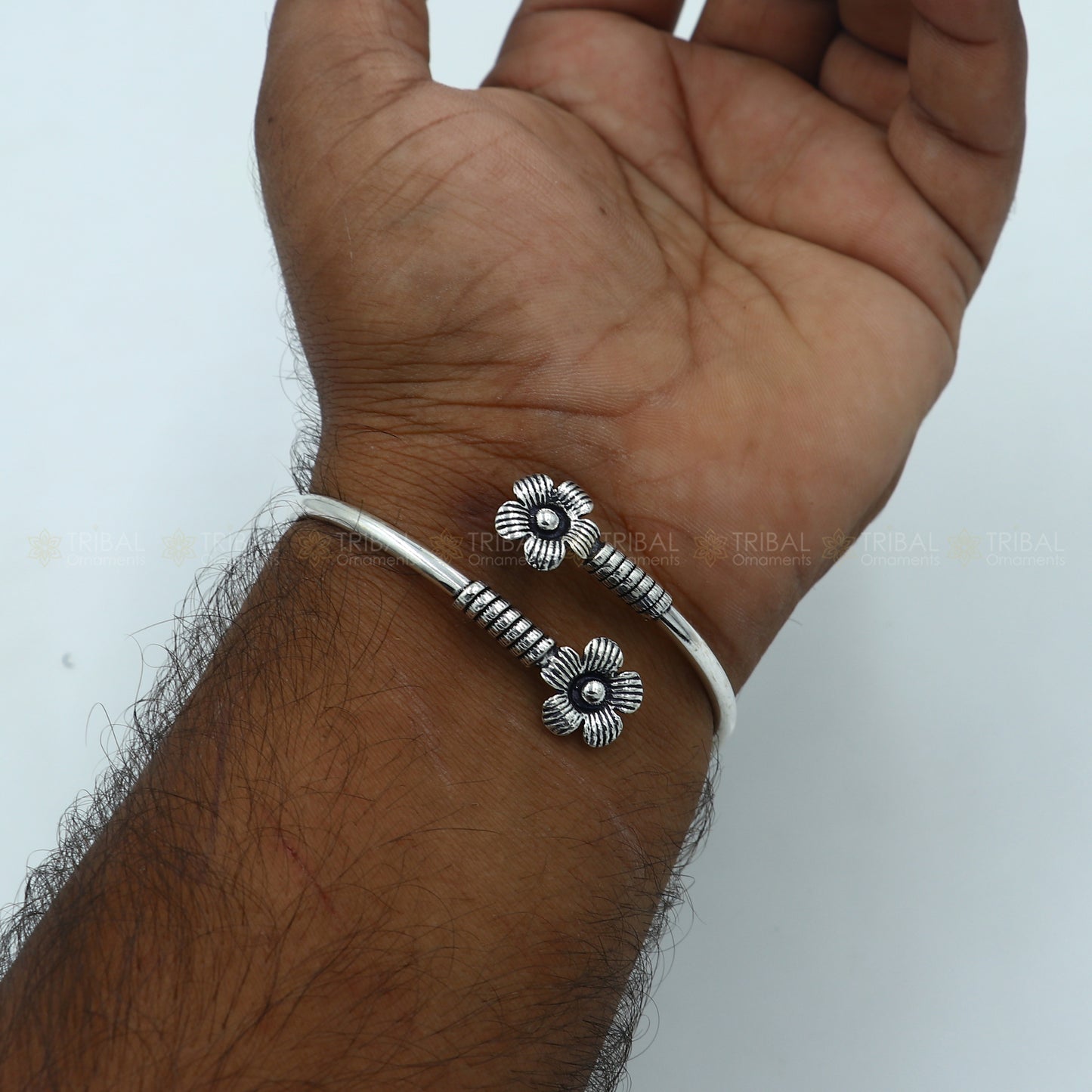 925 sterling silver handmade flower design stylish kada bangle bracelet tribal jewelry nsk868 - TRIBAL ORNAMENTS