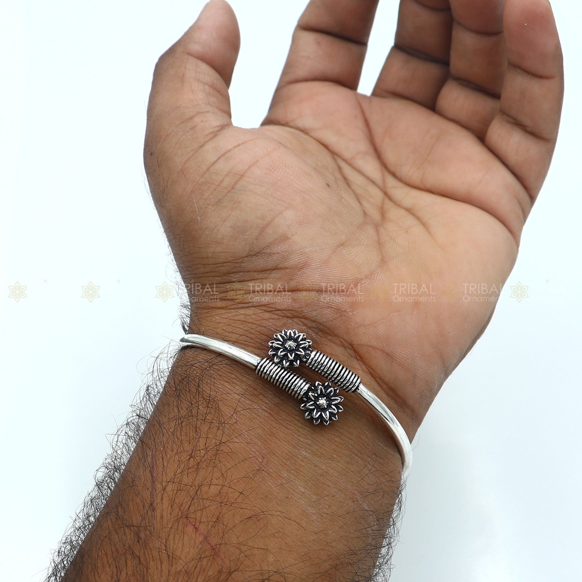 925 sterling silver handmade flower design stylish kada bangle bracelet tribal jewelry nsk877 - TRIBAL ORNAMENTS