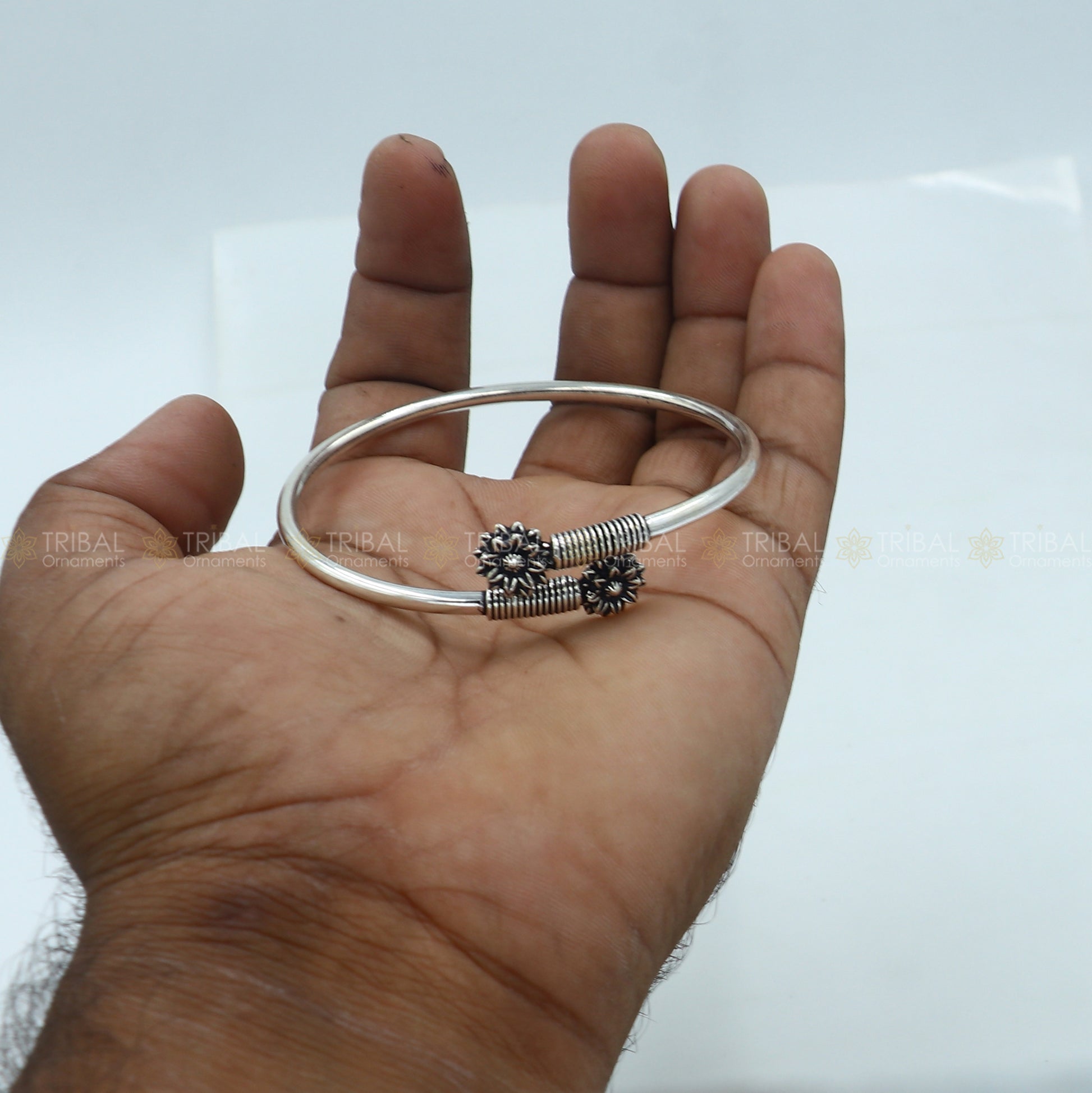 925 sterling silver handmade flower design stylish kada bangle bracelet tribal jewelry nsk877 - TRIBAL ORNAMENTS