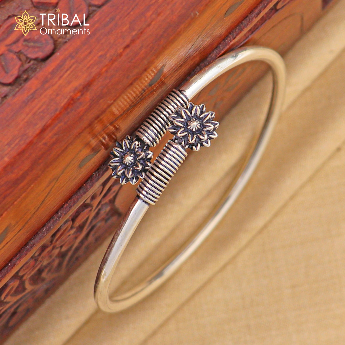 925 sterling silver handmade flower design stylish kada bangle bracelet tribal jewelry nsk877 - TRIBAL ORNAMENTS