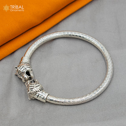 Sterling silver handmade lion face design bangle bracelet by TRIBAL ORNAMENTS, 2-8 inches, intricate tribal silver jewelry.